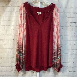 Umgee large tunic printed puff sleeves elastic cuff v neck women’s top